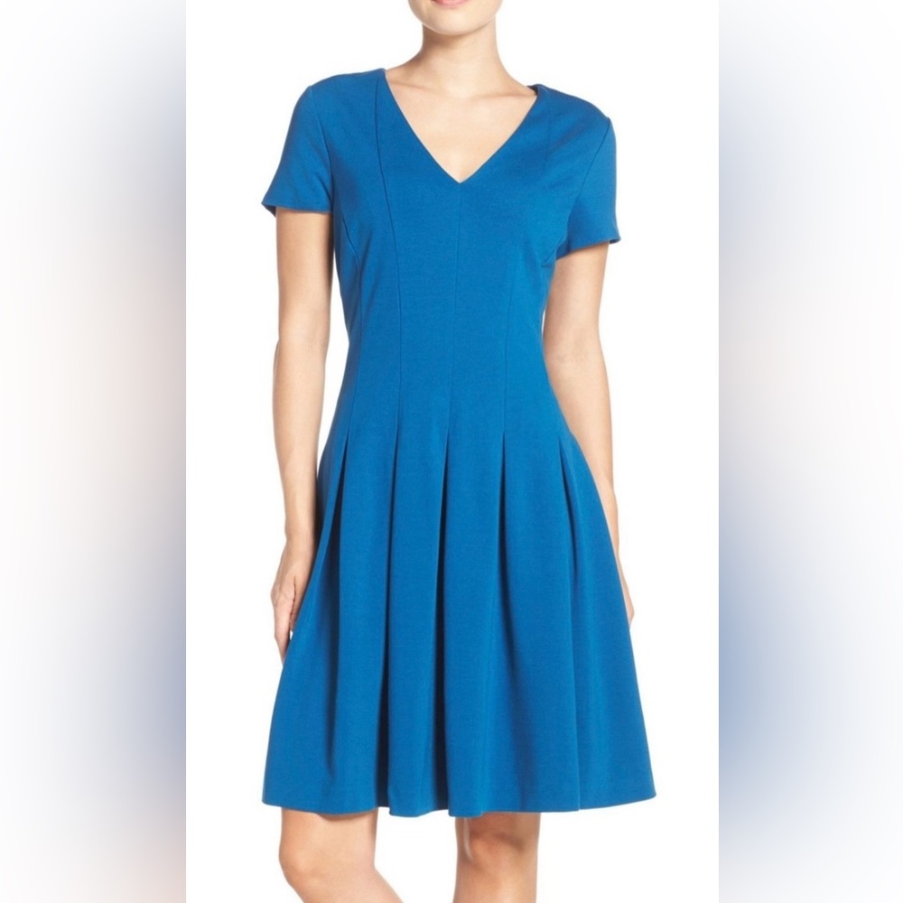 Eliza J Ponte Short Sleeve Fit & Flare Seamed VNeck Dress in Azure Blue ZB2